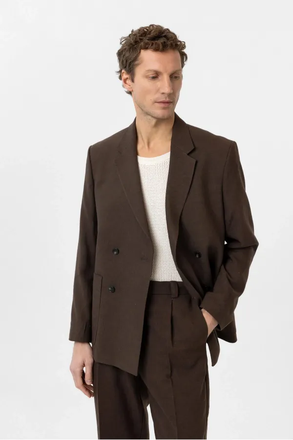 Antioch Kahve Relax Fit Keten Karışımlı Erkek Blazer Ceket
