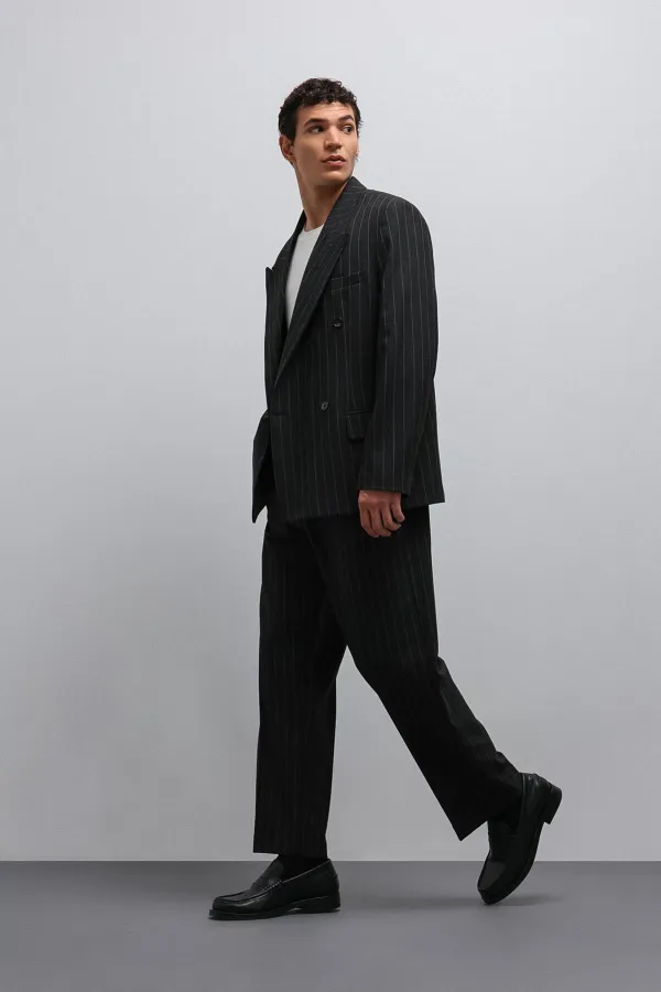 Antioch Black Striped Double-Breasted Men's Blazer Jacket