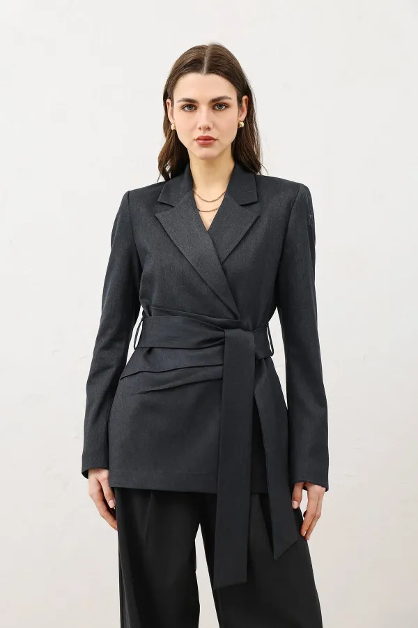 Antioch Füme Vücuda Oturan Kuşaklı Kadın Blazer Ceket