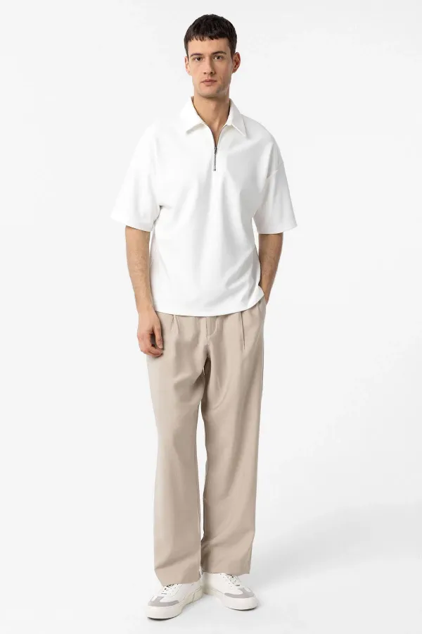 Antioch Ekru Relax Fit Fermuarlı Polo Yaka Erkek T-Shirt