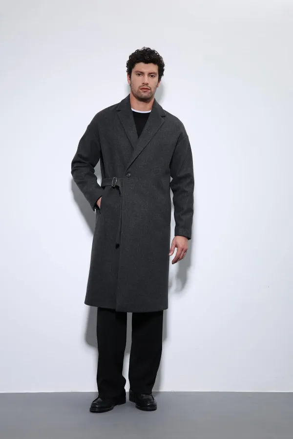 Antioch Antrasit Kuşaklı Oversize Erkek Kaban