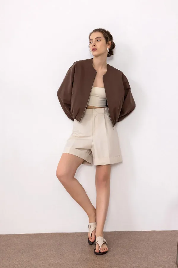 Antioch Bej Yüksek Bel Pensli  Kadın Bermuda Şort
