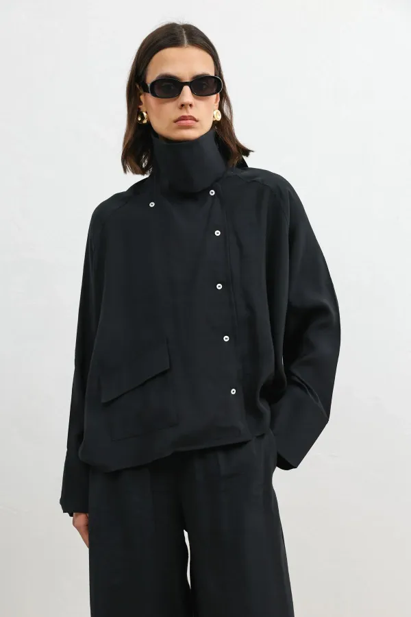 Antioch Siyah Özel Dik Yaka Kadın Gömlek