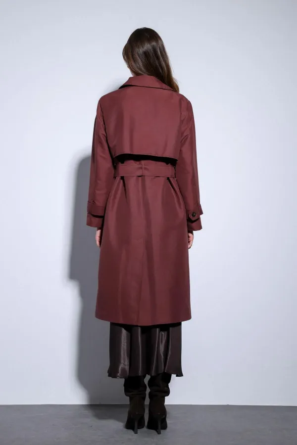 Trench-coat Antioch bordeaux à double boutonnage et ceinture pour femme