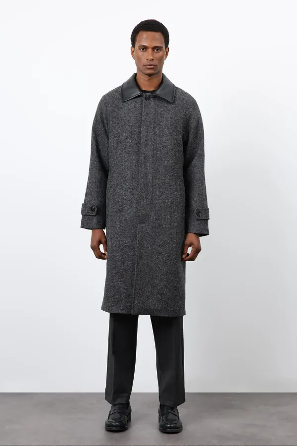 Antioch Black Wool Blend Contrast Collar Men's Coat