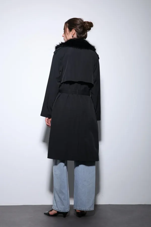 Trench-coat Antioch noir à col en fausse fourrure pour femme