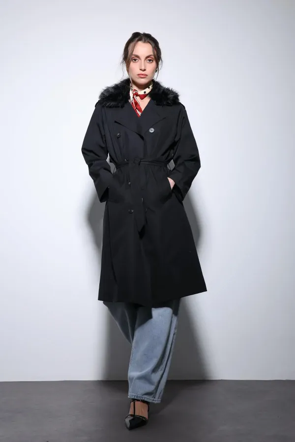 Trench-coat Antioch noir à col en fausse fourrure pour femme