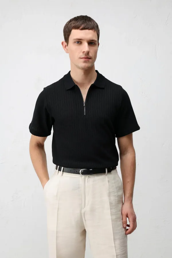 Antioch Siyah Dokulu Örme Polo Yaka Erkek T-Shirt