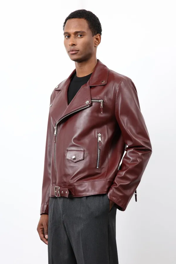 Antioch Bordo 100% Deri Biker Ceket