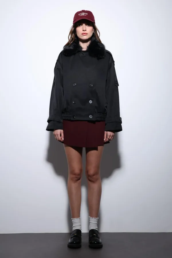 Antioch Siyah Suni Kürklü Kısa Kadın Trençkot