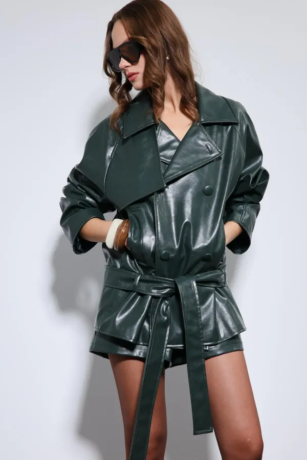 Antioch Yeşil Suni Deri Kemerli Trençkot