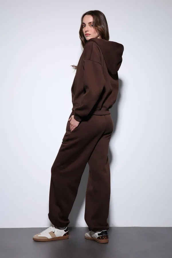 Antioch Kahve Kapüşonlu Sweatshirt Kadın Eşofman Takım