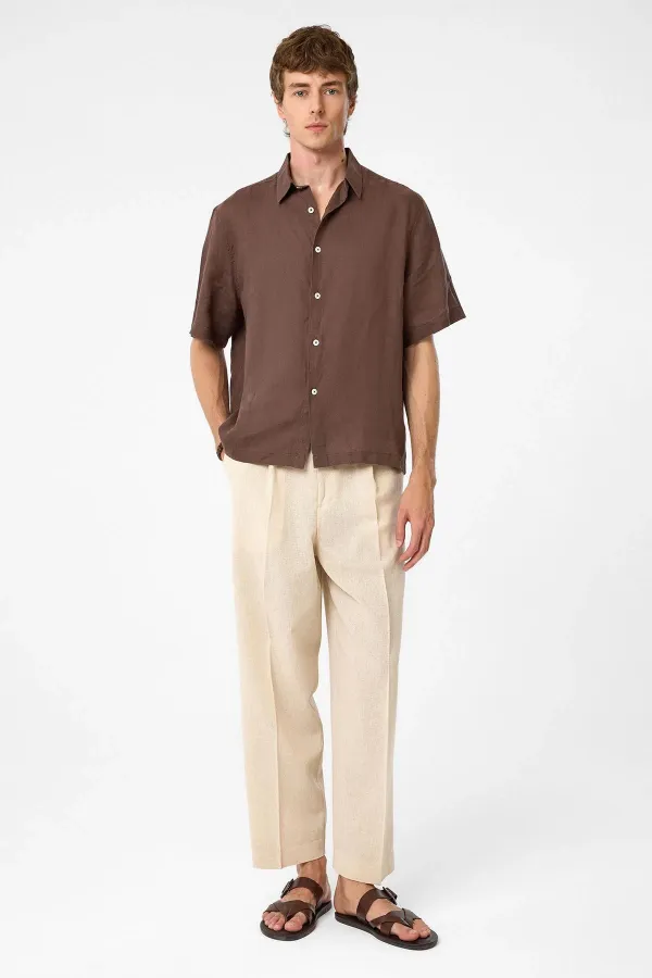 Antioch Kahve 100% Keten Relaxed Erkek Gömlek