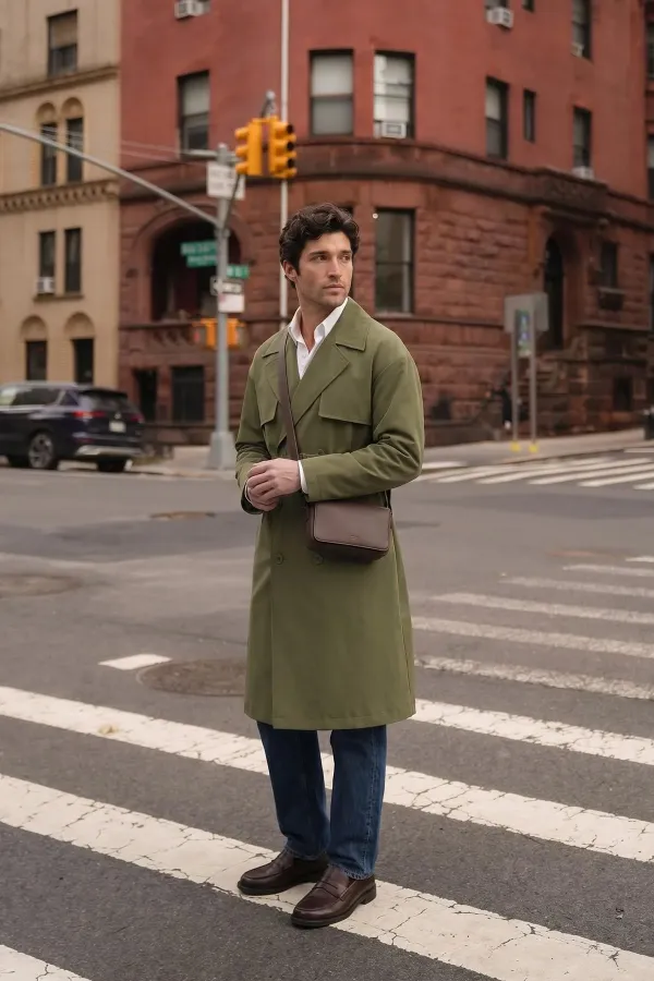 Trench-coat croisé vert Antioch avec ceinture