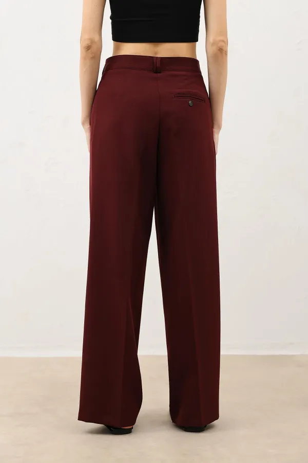Antioch Burgundy Wide Leg Women's Trousers with Pens Detail