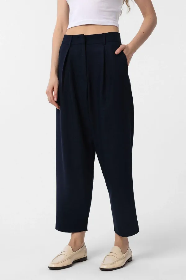 Antioch Navy Blue Pleated Soft Ankle Length Women's Trousers