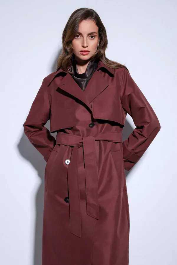 Trench-coat Antioch bordeaux à double boutonnage et ceinture pour femme