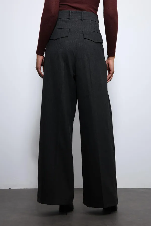 Antioch Füme Çizgili Geniş Paça Pantolon