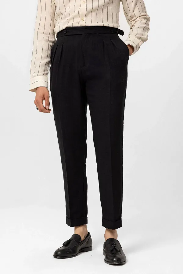 Pantalon homme Antioch noir taille haute en lin mélangé à double ourlet