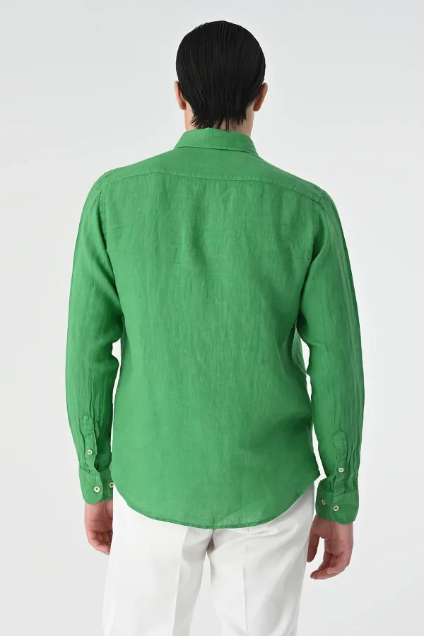 Chemise homme Antioch vert pistache avec bouton au col, 100 % lin
