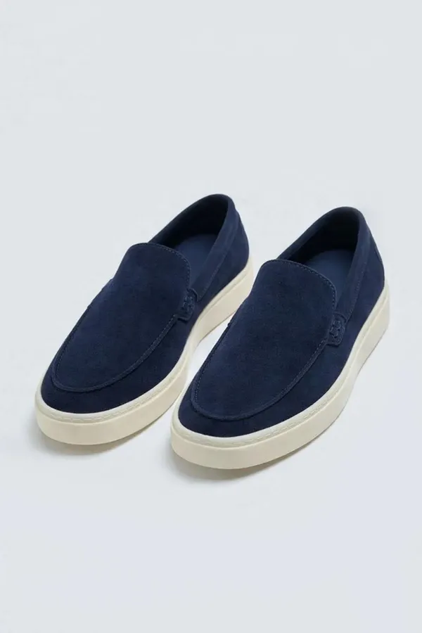 Antioch Navy Blue Stitched Suede Leather Loafers