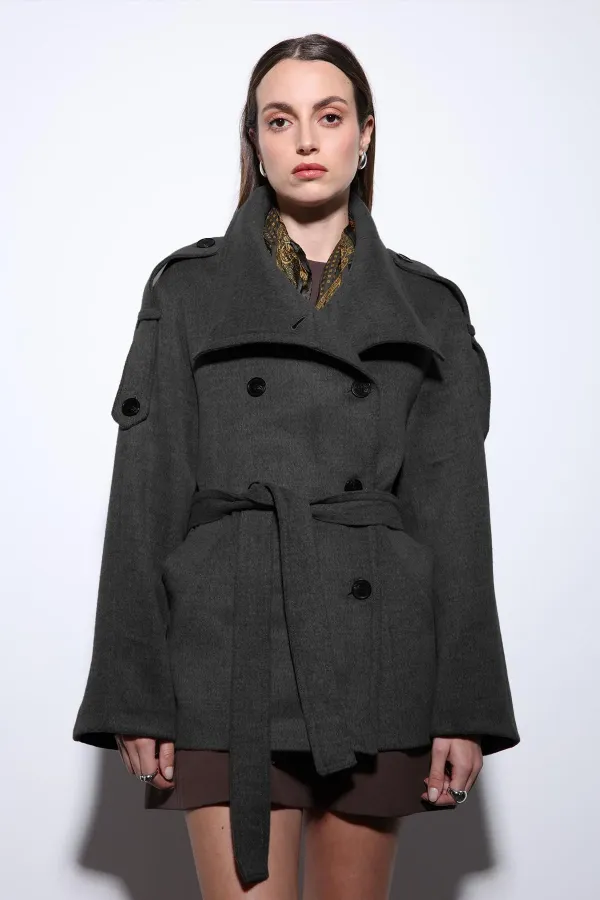 Antioch Anthracite Stand-Neck Double-Breasted Women's Coat