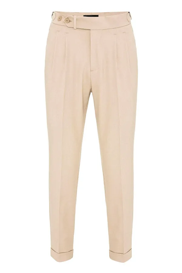 Pantalon homme Antioch beige à taille haute plissée et coupe carotte