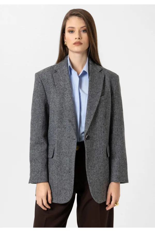 Antioch Black Women's Relax Fit Herringbone Pattern Blazer Jacket