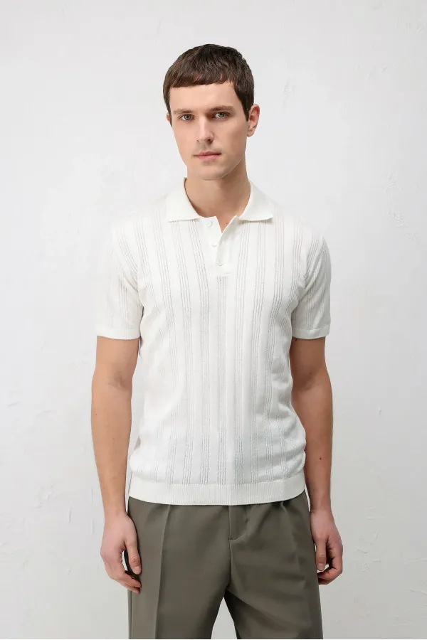 Antioch Off-White Textured Knit Men's Polo T-Shirt