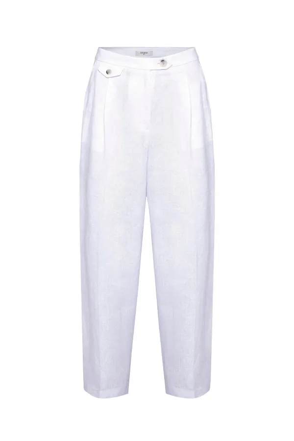 Antioch Beyaz 100% Keten Yüksek Bel Pilili Kadın Pantolon
