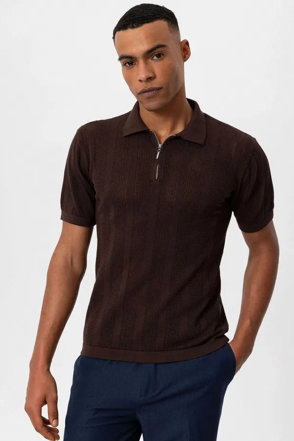 Antioch Kahve Polo Yaka Fermuarlı Örme Erkek T-Shirt