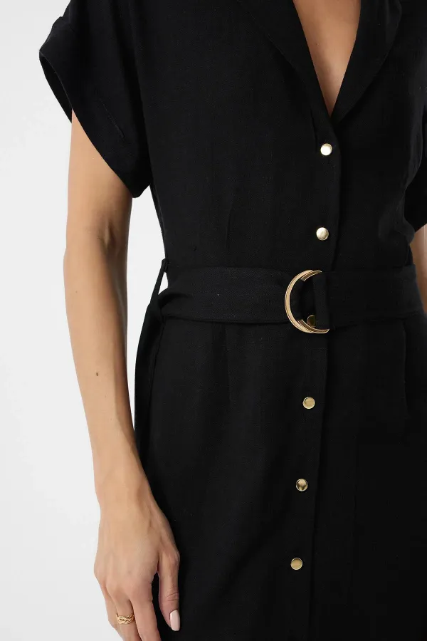 Antioch Black Linen Blend Belted Women's Dress