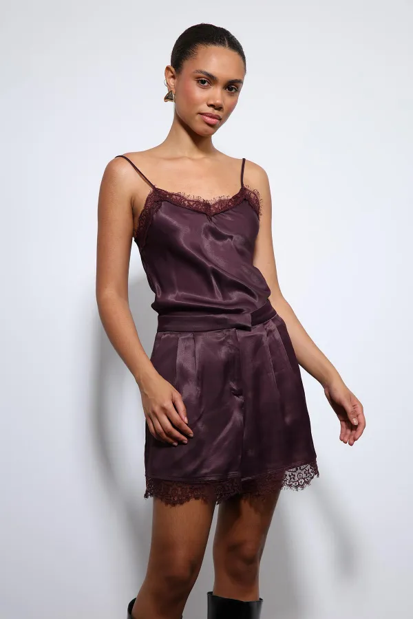 Antioch Bordo Dantel Detaylı Saten Top