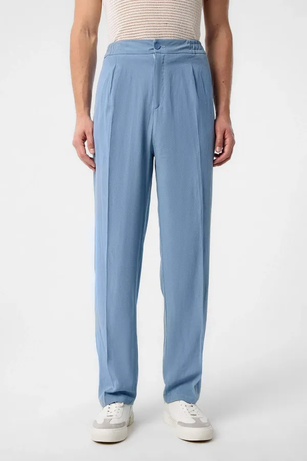 Antioch Light Blue High-Waisted Pleated Linen Blend Men's Trousers