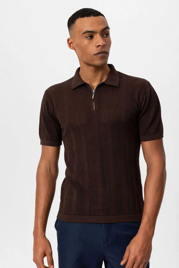 Antioch Kahve Polo Yaka Fermuarlı Örme Erkek T-Shirt