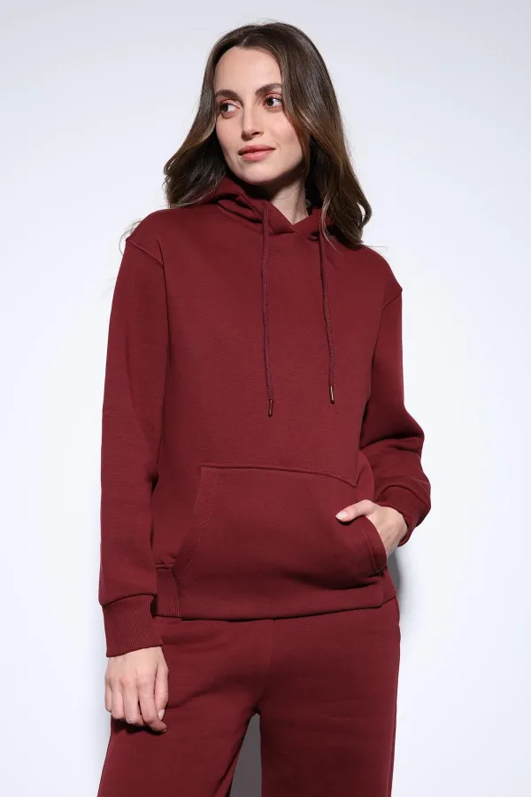 Antioch Bordo Kapüşonlu Basic Kadın Sweatshirt