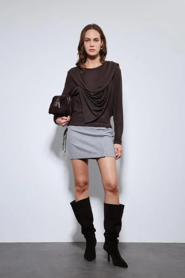 Antioch Coffee Draped Shawl Detailed Top