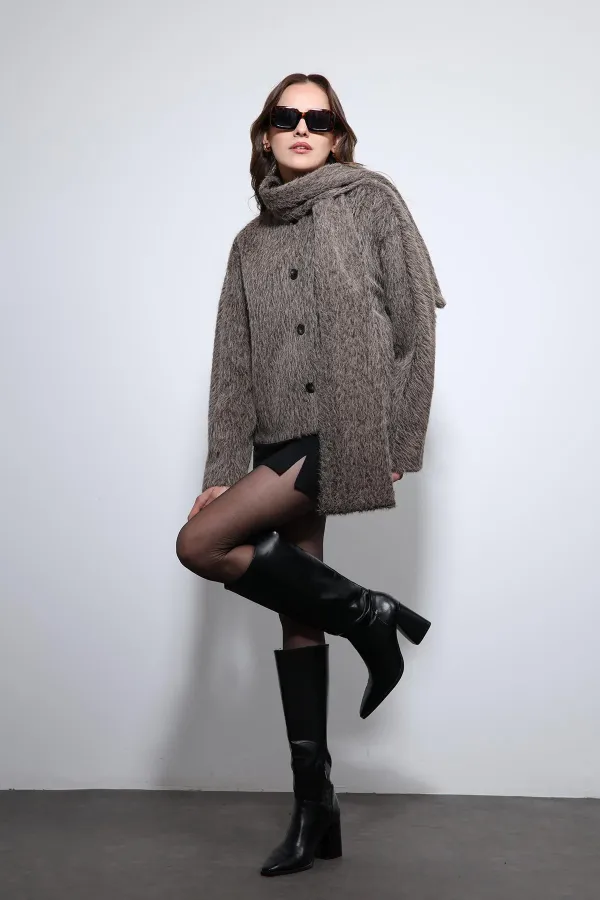 Antioch Açık Kahve Atkı Yaka Suni Kürklü Kaban