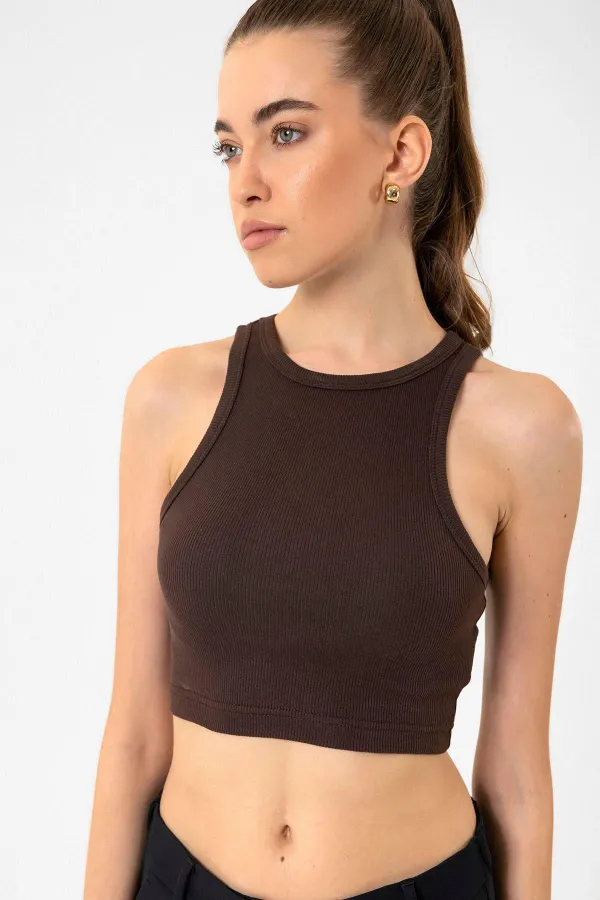 Débardeur court côtelé marron foncé Antioch pour femme