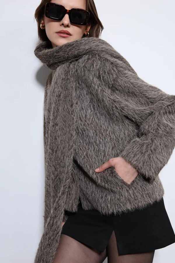 Antioch Açık Kahve Atkı Yaka Suni Kürklü Kaban