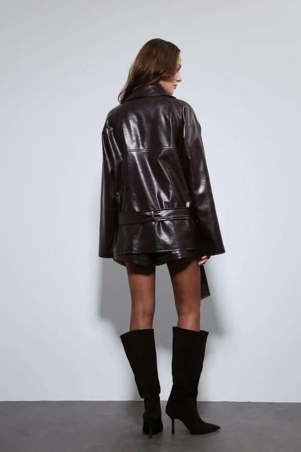 Antioch Kahve Suni Deri Kemerli Trençkot