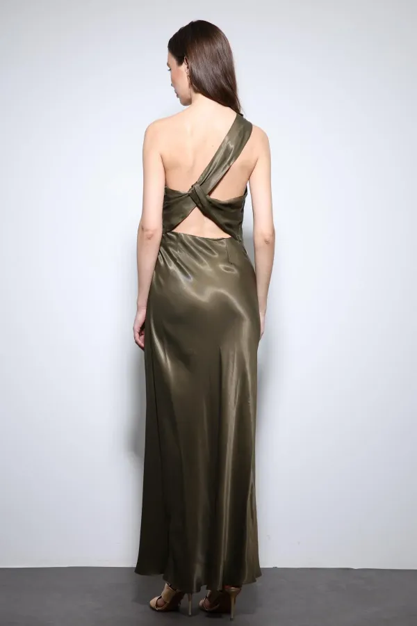 Antioch Haki Asimetrik Yaka Saten Uzun Elbise