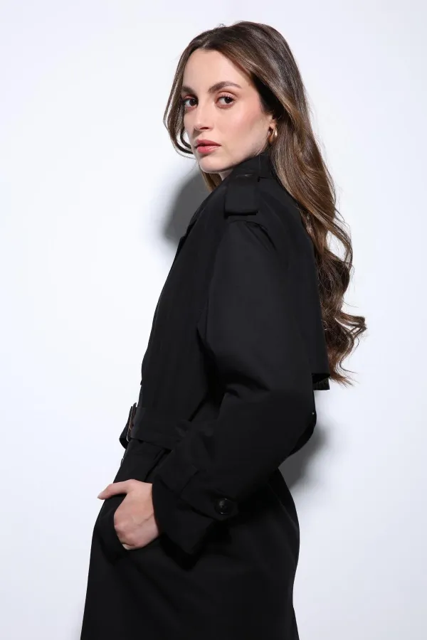 Antioch Black Double-Breasted Belted Women's Trench Coat