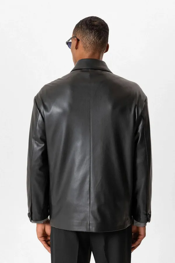 Antioch Siyah Suni Deri Kruvaze Erkek Ceket