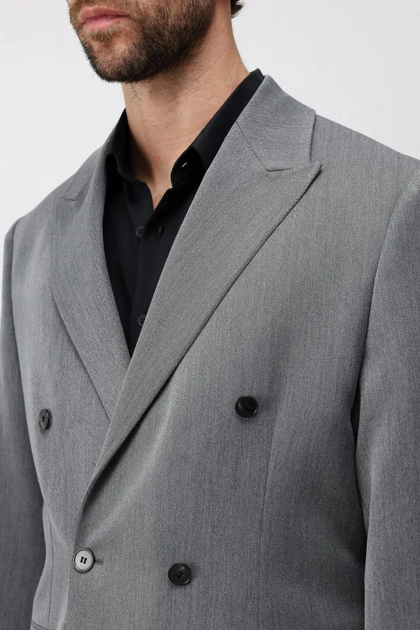 Antioch Gri Relax Fit Kruvaze Erkek Blazer Ceket