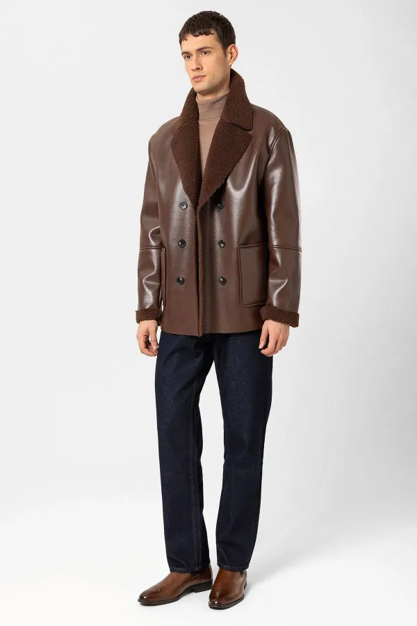 Veste croisée en similicuir pour homme Antioch avec doublure couleur café