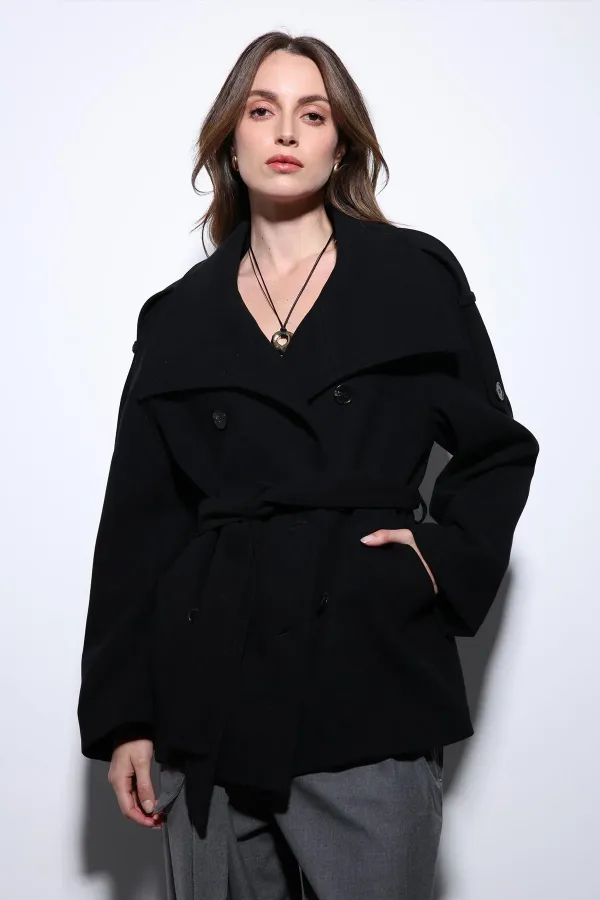 Manteau Antioch noir à col montant et double boutonnage pour femme