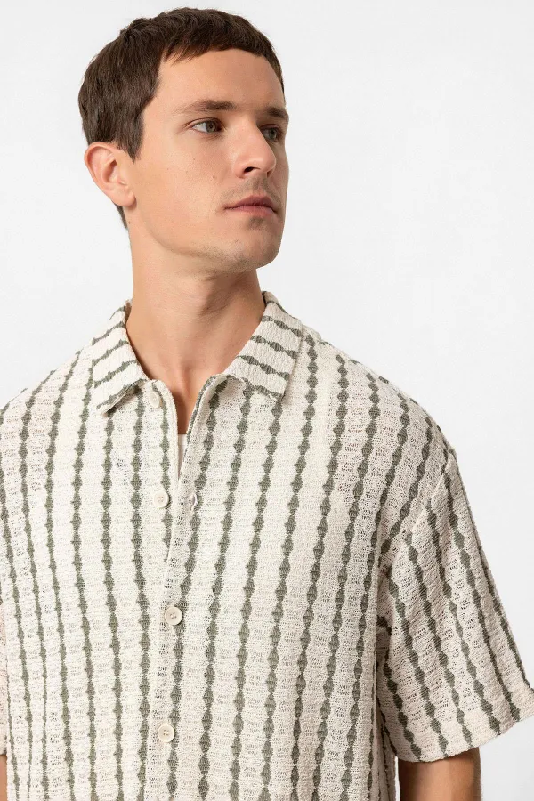 Antioch Khaki Striped Knitted Short-Sleeved Men's Shirt