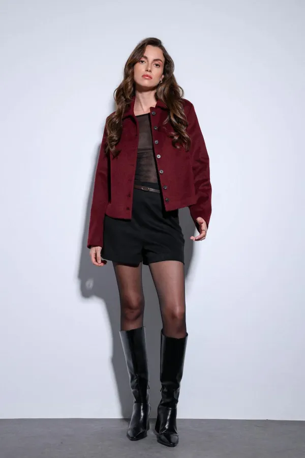 Antioch Burgundy Shirt Collar Short Cashmere Jacket