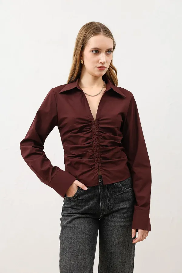 Chemise femme Antioch Burgundy en popeline froncée
